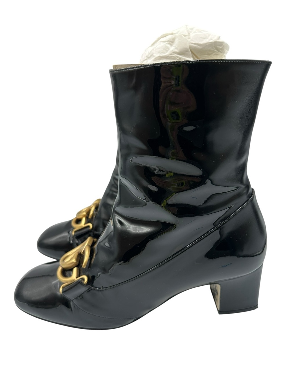 Gucci Black Patent Mid-Calf Boots with Gold Double G - Picture 6 of 13